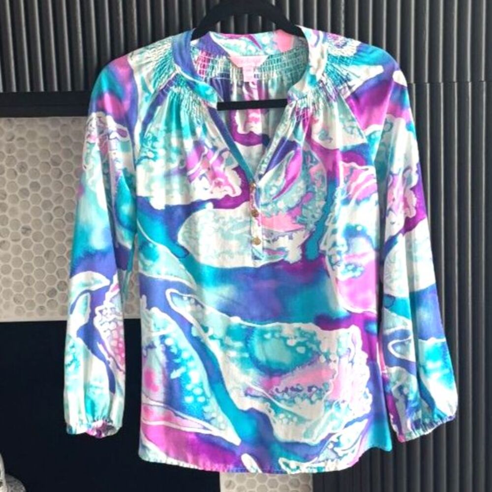 Lilly Pulitzer Elsa Silk Top Swell Aquainted Blouse Blue Purple XXS EUC